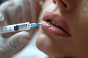 A skilled practitioner administers a lip filler injection to enhance the volume of a client's lips in a bright clinic setting