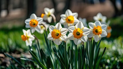 Fototapeta premium Close-up of white and orange daffodils blooming in a sunny garden.