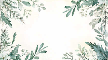 Watercolor Illustration of Green Leaves and Red Berries Holiday Border with Light Background, Festive Seasonal Design