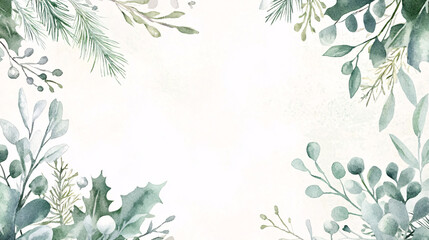 Watercolor Illustration of Green Leaves and Red Berries Holiday Border with Light Background, Festive Seasonal Design