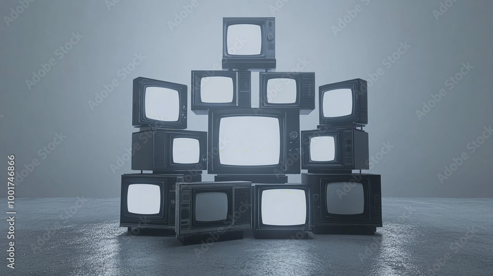 Poster stack of old televisions, stacks of tvs monitors in empty room panorama white indoor background grou