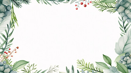 Watercolor Illustration of Green Leaves and Red Berries Holiday Border with Light Background, Festive Seasonal Design