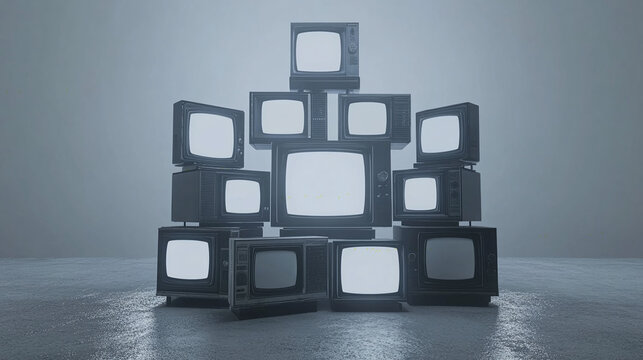 stack of old televisions, stacks of tvs monitors in empty room panorama white indoor background group of old equipment devices graphic dynamic composition display 3d realistic render