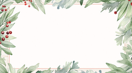 Watercolor Illustration of Green Leaves and Red Berries Holiday Border with Light Background, Festive Seasonal Design