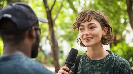 Diverse Outdoor Interview, Young Woman with Curly Hair Interviewing Man, Green Park Setting