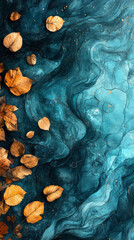 Naklejka premium Autumn leaves on a swirling blue background.