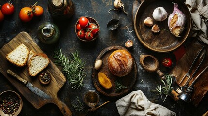 Rustic kitchen scene with bread, tomatoes, and herbs for meal preparation