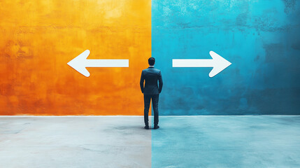 Concept of choice. Businessman at a crossroad between two arrows