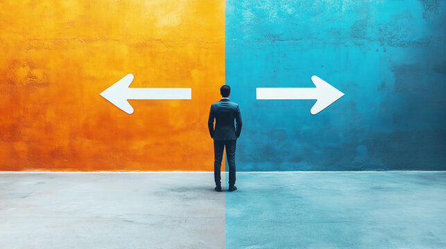 Concept of choice. Businessman at a crossroad between two arrows