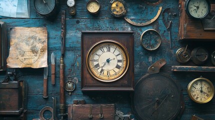 Vintage clock and antique objects on a rustic wooden surface