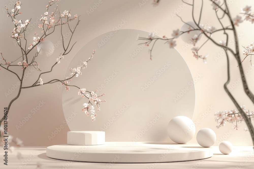 Poster a serene minimalist display with cherry blossom branches, soft spheres, and circular backdrop creati