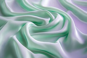 Obraz premium Close-up abstract texture green color fabric cloth textile on lilac background, silk wavy material, satin waves, soft folds waves on the fabric.with generative ai
