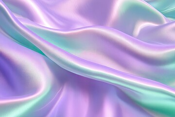 Fototapeta premium Close-up abstract texture green color fabric cloth textile on lilac background, silk wavy material, satin waves, soft folds waves on the fabric.with generative ai