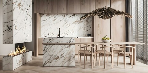 Close up of modern kitchen with white marble walls, wooden floor, white countertops with built in sink and cooker and wooden cupboards. 3d rendering
