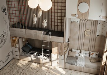 Interior of a children's room with a bunk bed. 3d rendering
