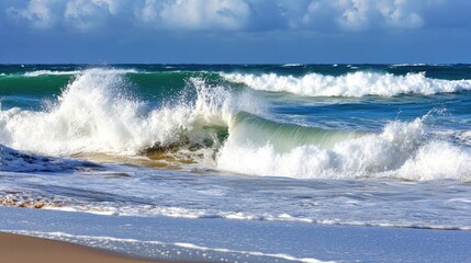Fototapeta premium Powerful waves crashing on a sandy beach, creating a white foam and turquoise water.