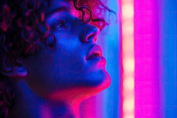 Close up view from the side. Young man with curly hair is indoors illuminated by neon lighting.  with generattive ai