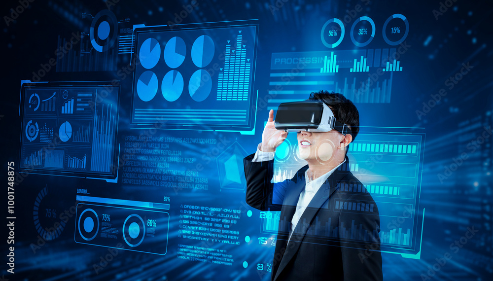 Poster smart business man connecting at global network by using vr glasses. project manager accessing big d