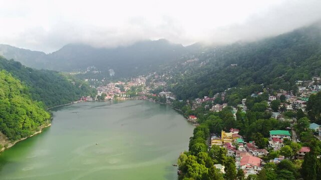 Aerial view of nainital lake in nainital city. Beautiful landscape of himalayan hill station nainital, uttarakhand in India
