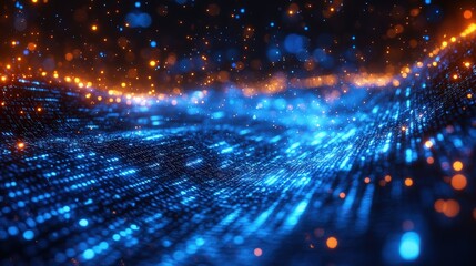 Obraz premium A visual representation of a binary data stream illustrating information flow in technology and communication, featuring glowing blue digits against a dark background.