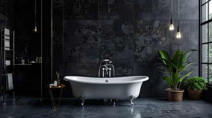 Luxurious bathroom with a freestanding bathtub and dark modern interior
