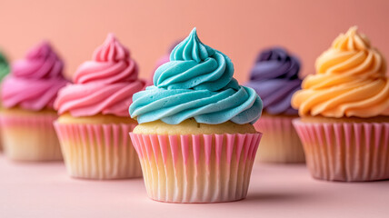 Close-up of colorful frosted cupcakes on pastel background.
