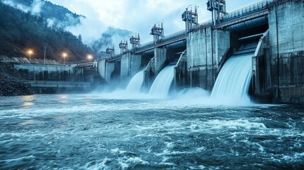 Water flows powerfully through turbines at a modern hydroelectric dam showcasing renewable energy production in a serene mountainous environment as evening approaches.