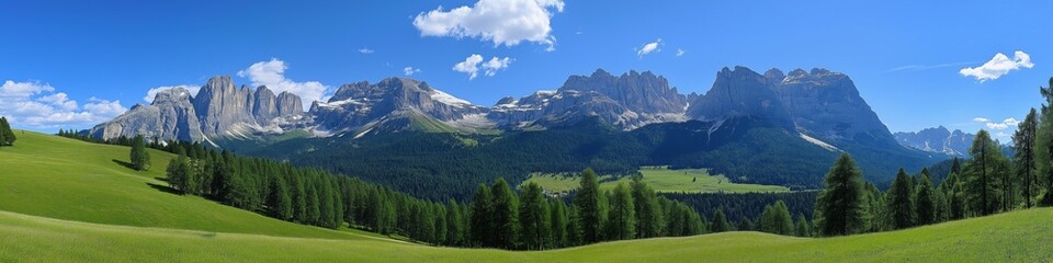 A beautiful mountain range with a clear blue sky. The mountains are covered in trees and the grass is lush and green. The scene is peaceful and serene, with the mountains towering over the landscape