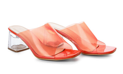 Stylish orange sandals on white background
