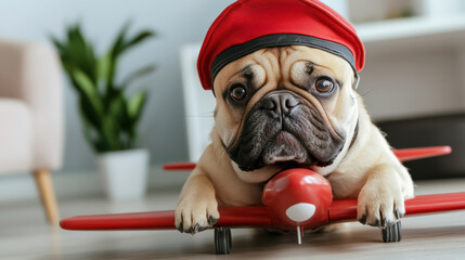 A small dog wearing a red hat sitting on top of an airplane toy, AI