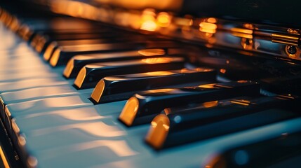 Obraz premium Close-Up of Piano Keys with Warm Lighting: Capturing the Elegance of Musical Instruments and Artistic Inspiration