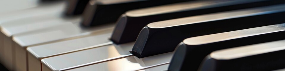 Close-Up of Piano Keys: Elegant Black and White Instrument for Musical Creativity and Inspiration, extra wide music background banner