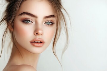 Naklejka premium Close-up beautiful woman with makeup and bare shoulders with beautiful and soft skin and light background _ Make up and body care for fashion with generative ai