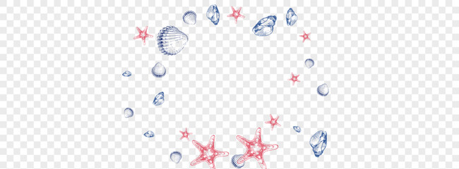Orange Oyster Background Transparent Vector. Scallop Coastal Illustration. Marine Graphic. Red Starfish Underwater Pattern. Ultramarine Seashell.