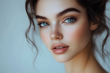 Naklejka premium Close-up beautiful woman with makeup and bare shoulders with beautiful and soft skin and light background _ Make up and body care for fashion with generative ai