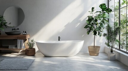 Minimalist bathroom with white freestanding bathtub and natural light