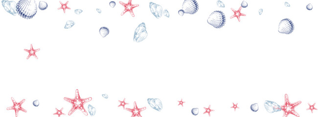 Blue Oyster Background White Vector. Shellfish Doodle Textile Card. Underwater Wallpaper. Gray Starfish Isolated Design.