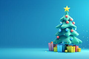 Fototapeta premium cartoon christmas tree with gifts on blue drawn by graphic editor. place for text, advertising
