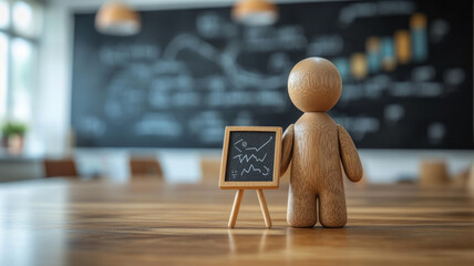 Wooden figure in classroom presenting chart on blackboard.
