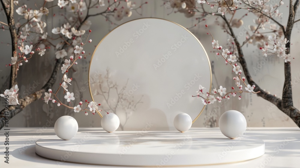 Poster a serene display of minimalist art with delicate cherry blossoms and elegant shapes creating a calm 