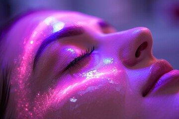 A woman enjoys a rejuvenating facial treatment while lying back, her skin illuminated by colorful LED lights, creating a tranquil atmosphere for relaxation and skincare