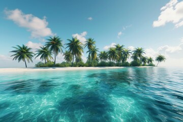 Obraz premium Tropical Island Paradise: Palm Trees, White Sand Beach, and Crystal Clear Water