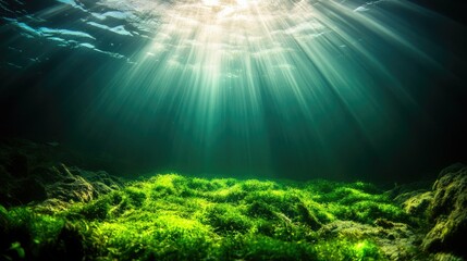 Fototapeta premium Sunlight shines down through the water onto a green seabed.