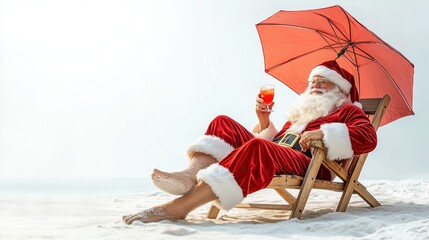 Santa Claus lies on a sun lounger under an umbrella on the beach and drinks a cocktail