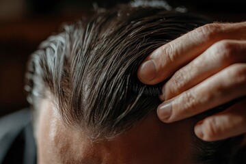 Close-up of an unrecognizable man combing his toupee with his hand. Styling and hair care concept with generative ai