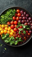 Colorful medley of cherry tomatoes, grapes, and fresh herbs arranged in a black bowl against a dark background