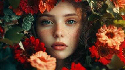 Close-up portrait of a young woman surrounded by vibrant flowers