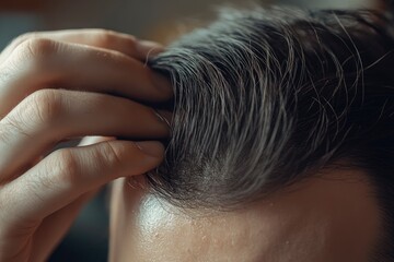 Naklejka premium Close-up of an unrecognizable man combing his toupee with his hand. Styling and hair care concept with generative ai