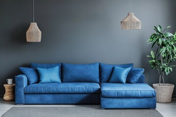 Modern Interior Design with Grey Sofa and Blue Accents in a Stylish Living Space
