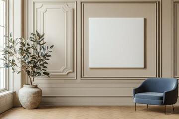 Modern Beige Living Room with Empty Canvas on Wall